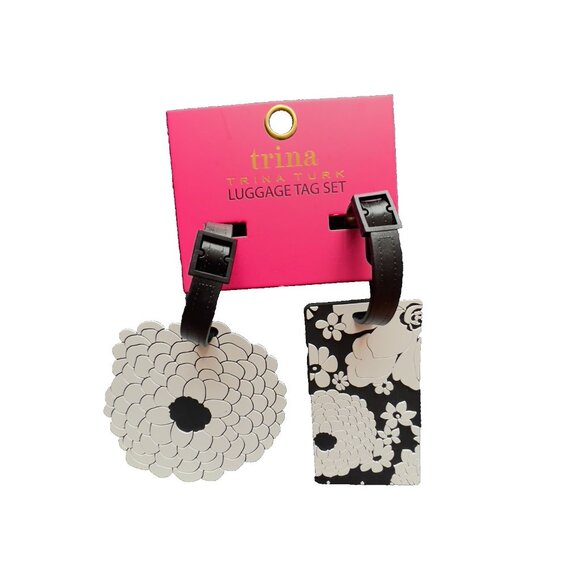 TRINA TURK Luggage Tag Set 2 Black White Flowers Silicone Traveler Gift TRAVEL - Picture 1 of 5
